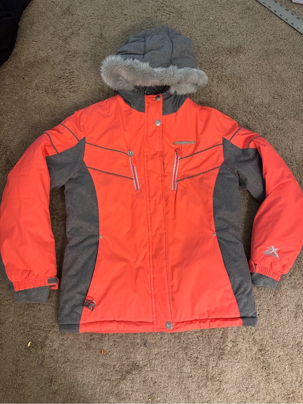 ZeroXposur Coral and Gray Ski Jacket with Faux-Fur Hood